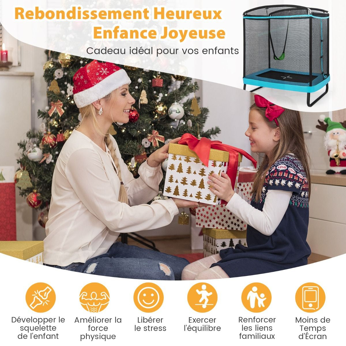 2 En 1 Trampoline Enfants (190X122Cm) Avec Balançoire Amovible Trampoline De Jardin Avec Filet De Sécurité Charge 100Kg Pour 3 Ans+ Bleu/Orange