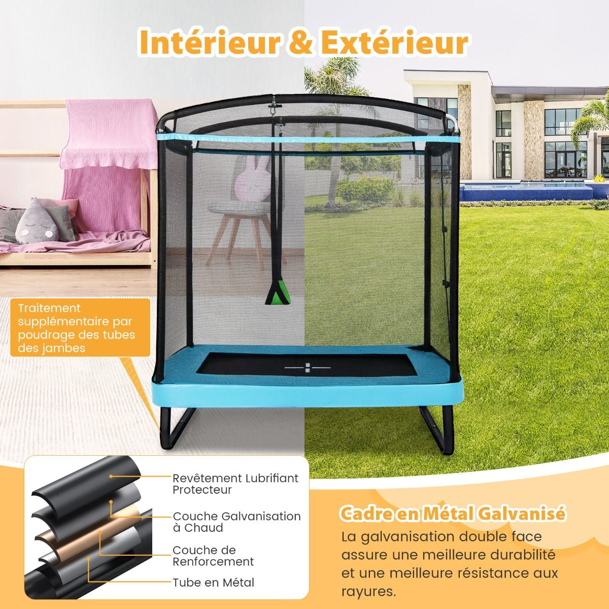2 En 1 Trampoline Enfants (190X122Cm) Avec Balançoire Amovible Trampoline De Jardin Avec Filet De Sécurité Charge 100Kg Pour 3 Ans+ Bleu/Orange