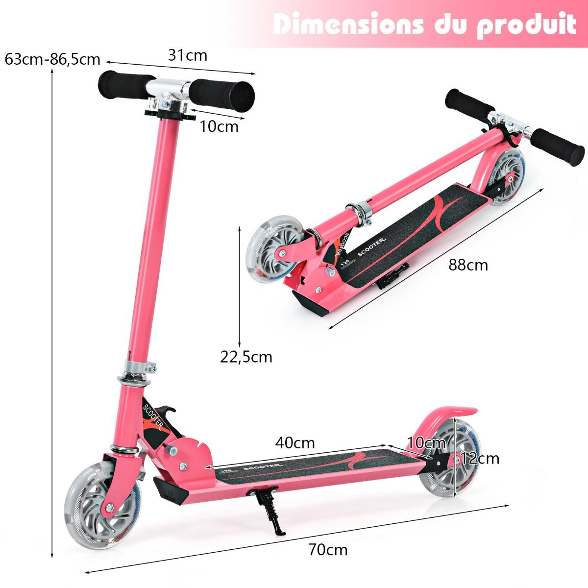 Trottinette Enfant 2 Roues Patinette Enfant Pliable Scooter Enfant Kick Avec LED Lumière Hauteur Réglable Bleu/Bleu Foncé/Rose/Rouge/Violet/Jaune