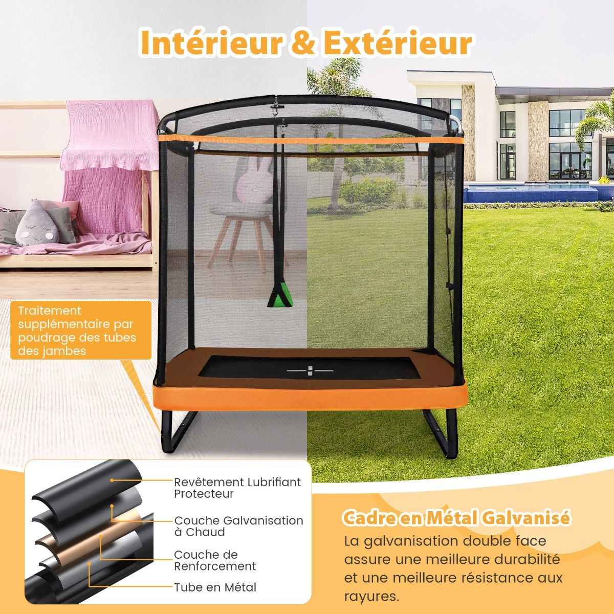 2 En 1 Trampoline Enfants (190X122Cm) Avec Balançoire Amovible Trampoline De Jardin Avec Filet De Sécurité Charge 100Kg Pour 3 Ans+ Bleu/Orange