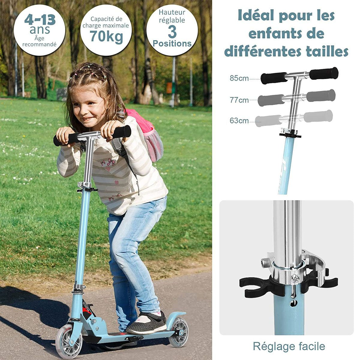 Trottinette Enfant 2 Roues Patinette Enfant Pliable Scooter Enfant Kick Avec LED Lumière Hauteur Réglable Bleu/Bleu Foncé/Rose/Rouge/Violet/Jaune