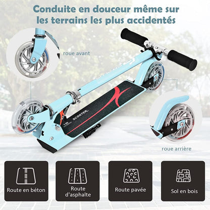 Trottinette Enfant 2 Roues Patinette Enfant Pliable Scooter Enfant Kick Avec LED Lumière Hauteur Réglable Bleu/Bleu Foncé/Rose/Rouge/Violet/Jaune